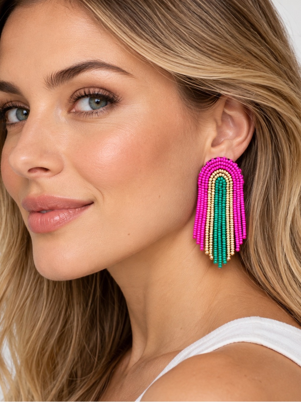 Anthropologie Colorful Beaded Statement Earrings Pink Turquoise Gold Boho Style